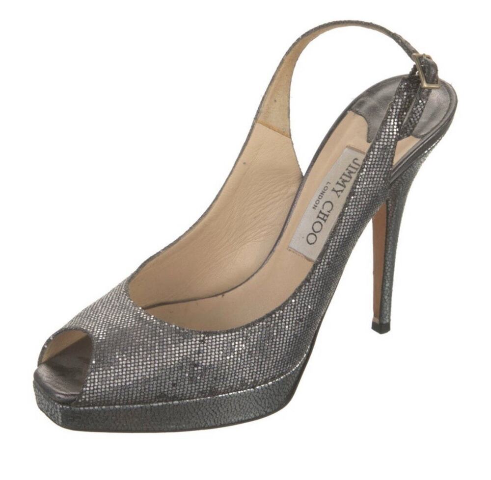 Jimmy Choo Silver Glitter Stiletto Slingback Peep Toe Heels EU 37.5/US 7-7.5
